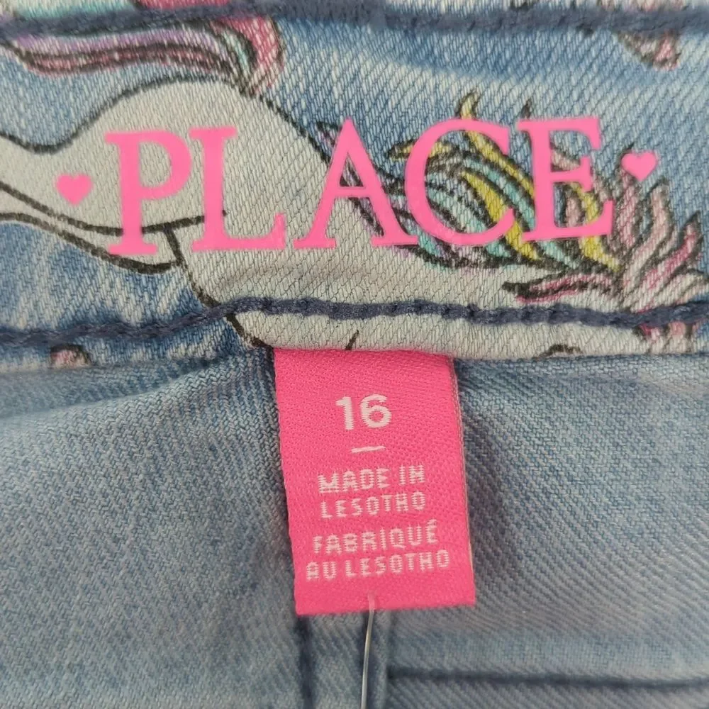 The Children's Place Girl's Skimmer Unicorn Light Wash Jean Shorts Size 16 NWT